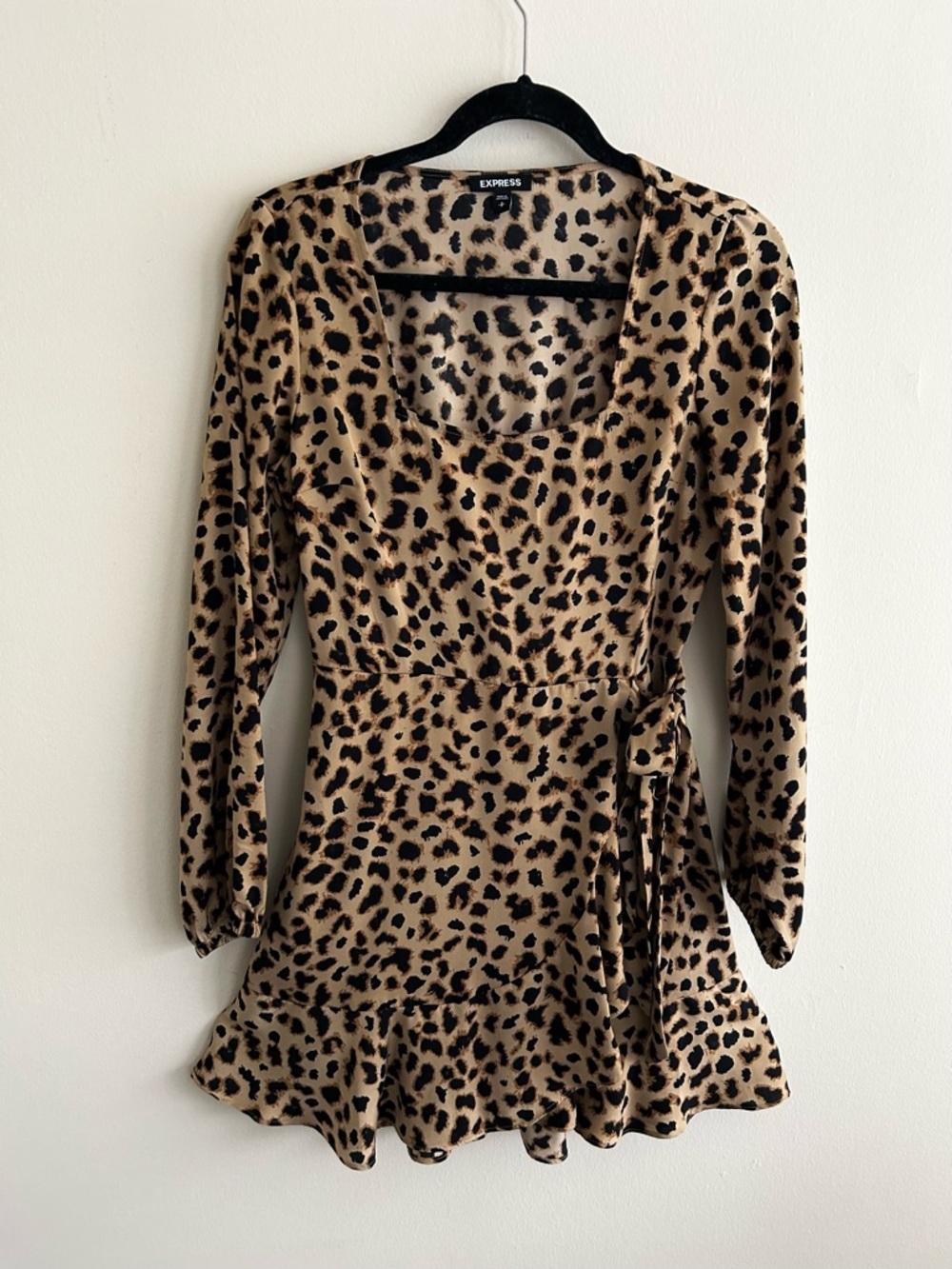 Express Leopard Print Tan and Black Wrap-Style Long Sleeve Dress